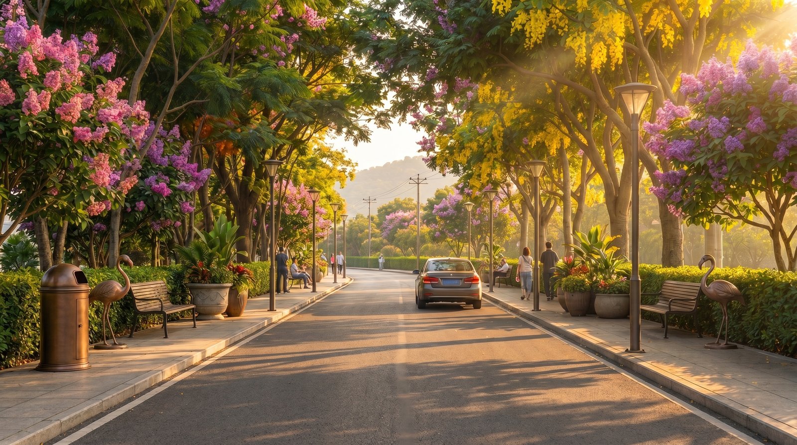 Flowering tree-lined boulevard with streamside walks